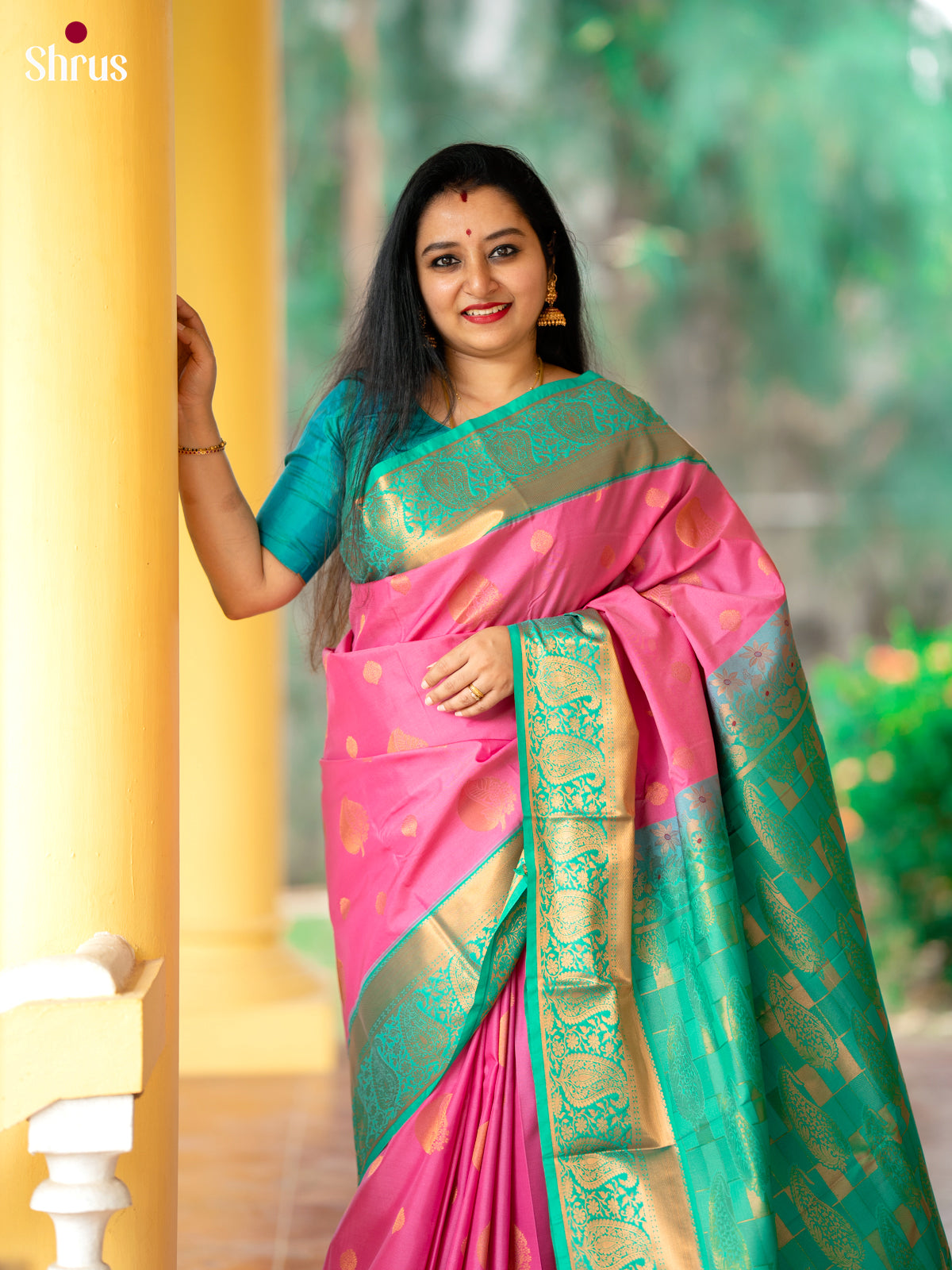 Pink with Green - Semi Kanchipuram Saree - Shop on Shrus.com