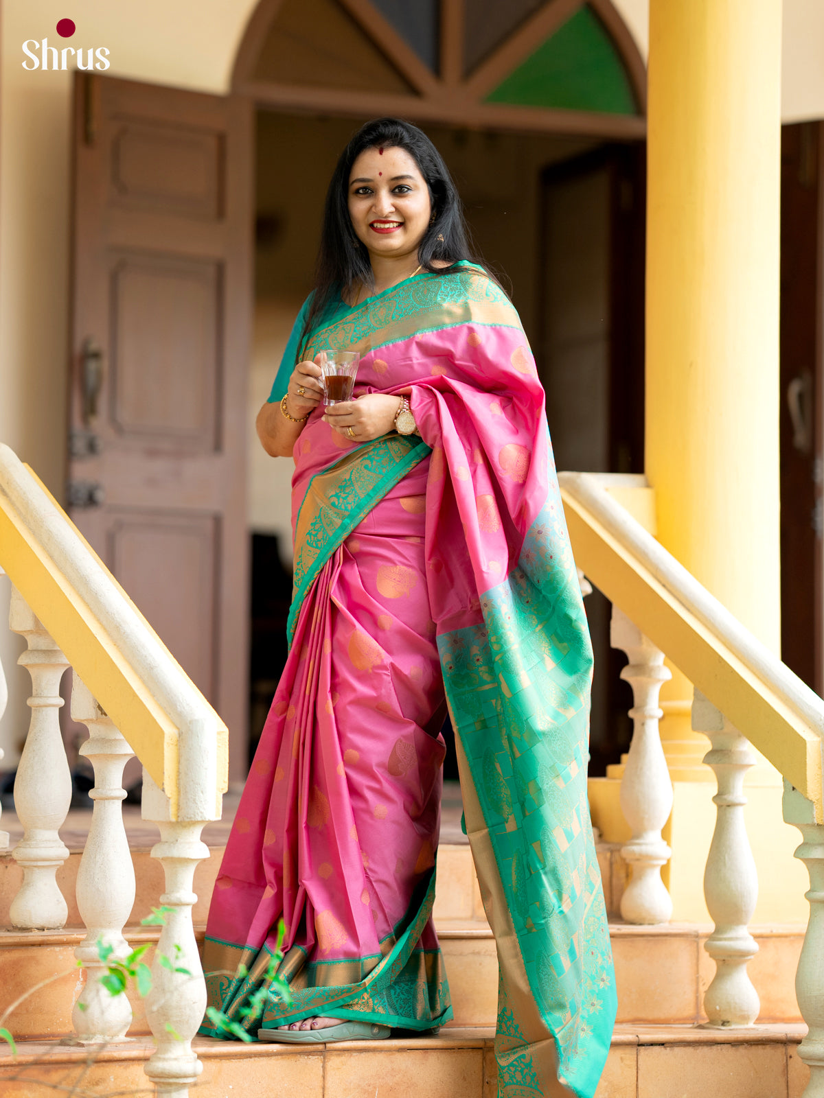 Pink with Green - Semi Kanchipuram Saree - Shop on Shrus.com