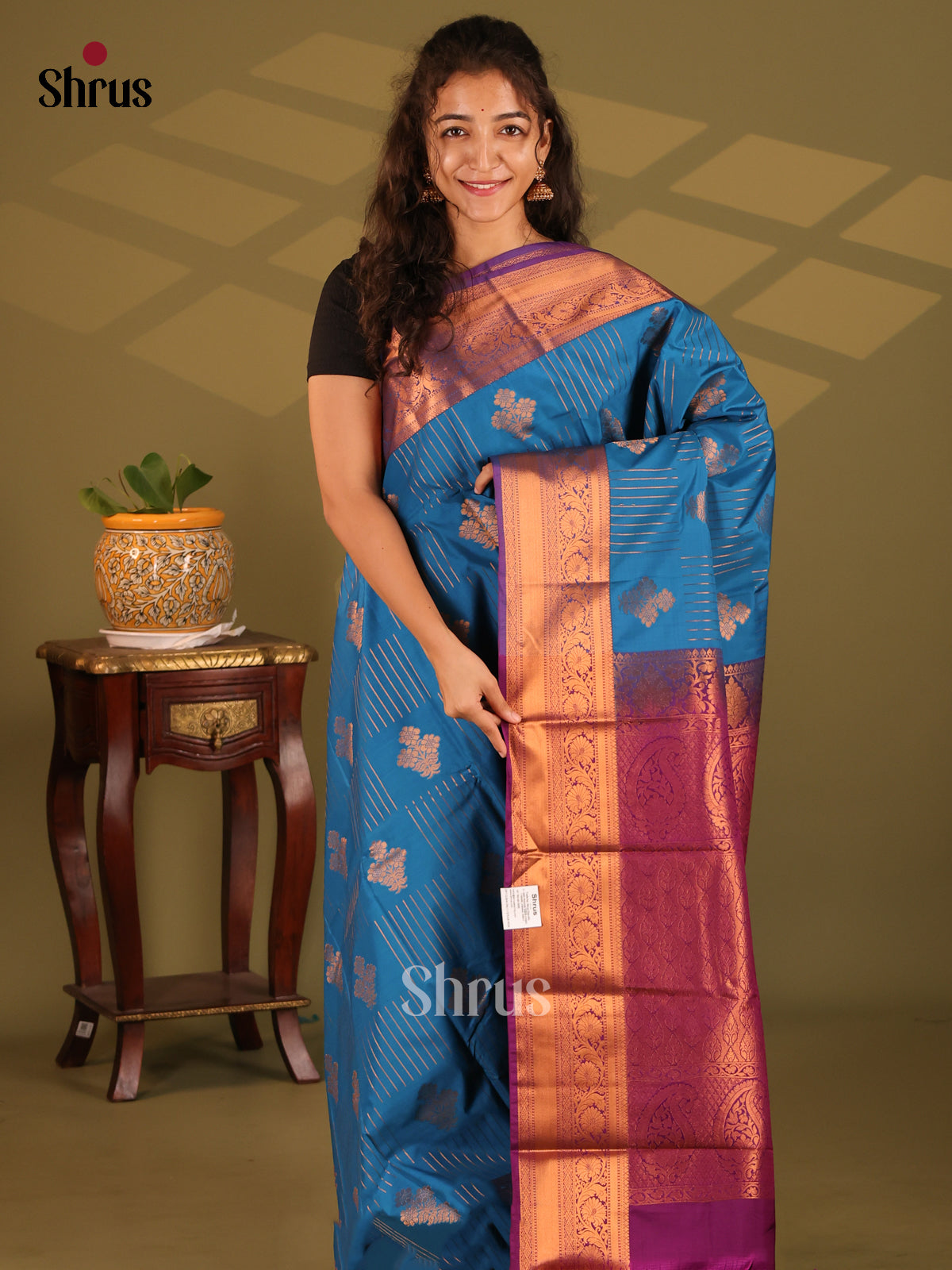 Blue with Violet- Semi Kanchipuram Saree - Shop on Shrus.com