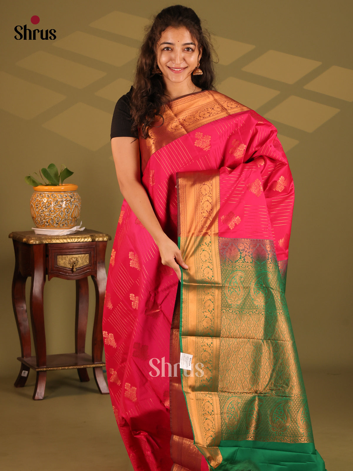 Pink with Green- Semi Kanchipuram Saree - Shop on Shrus.com