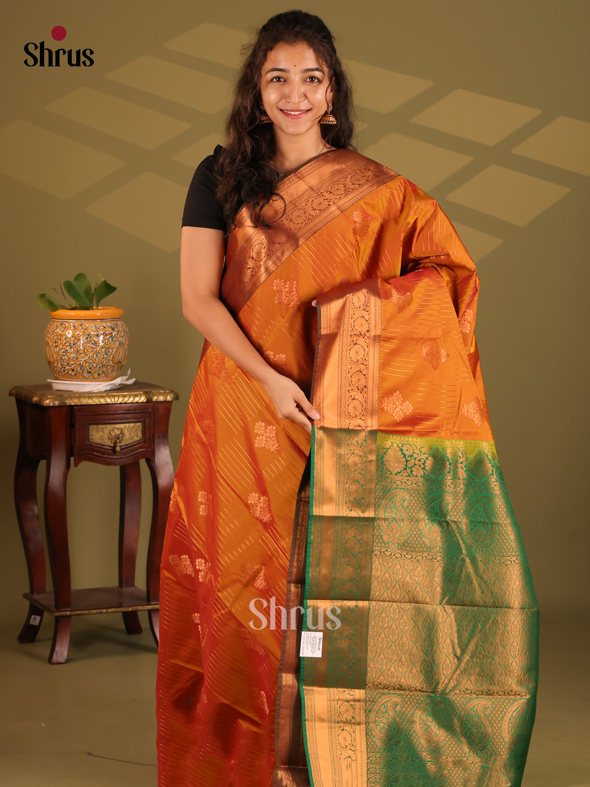 Rust with Green- Semi Kanchipuram Saree - Shop on Shrus.com