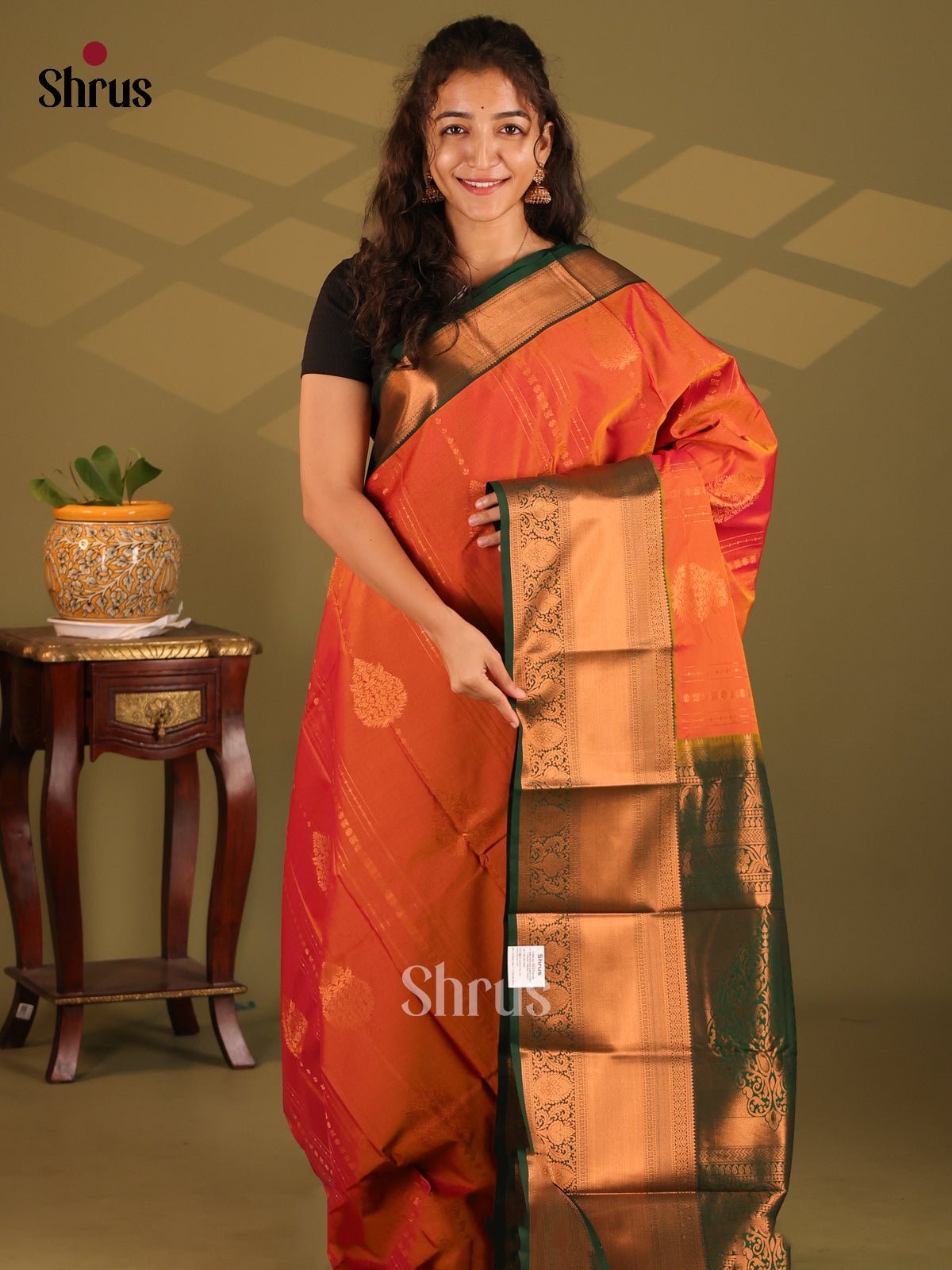 Orange with Green- Semi Kanchipuram Saree - Shop on Shrus.com
