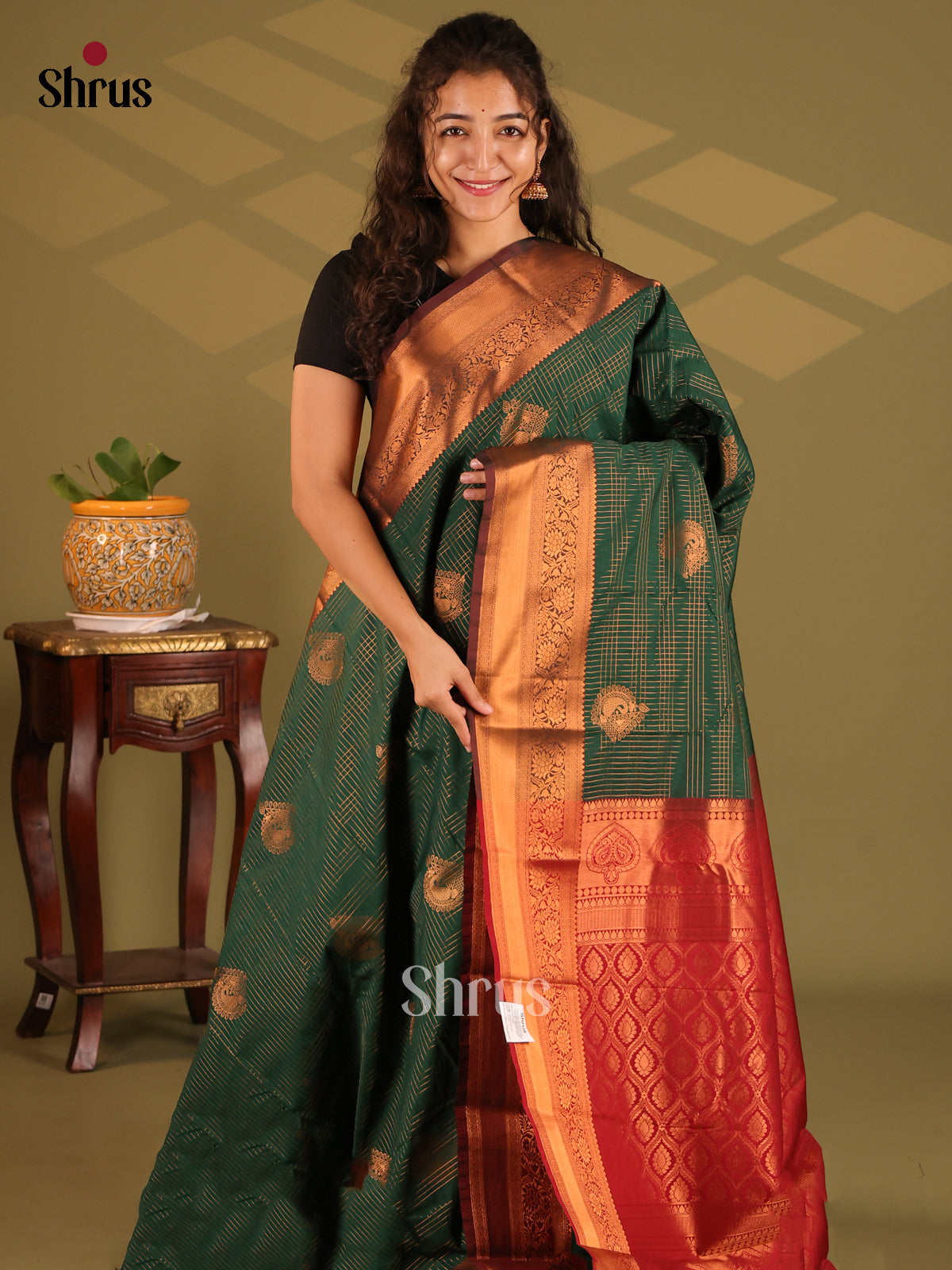 Green with Red- Semi Kanchipuram Saree - Shop on Shrus.com