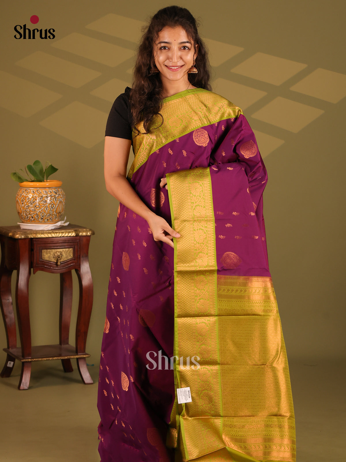 Violet With Green- Semi Kanchipuram Saree - Shop on Shrus.com