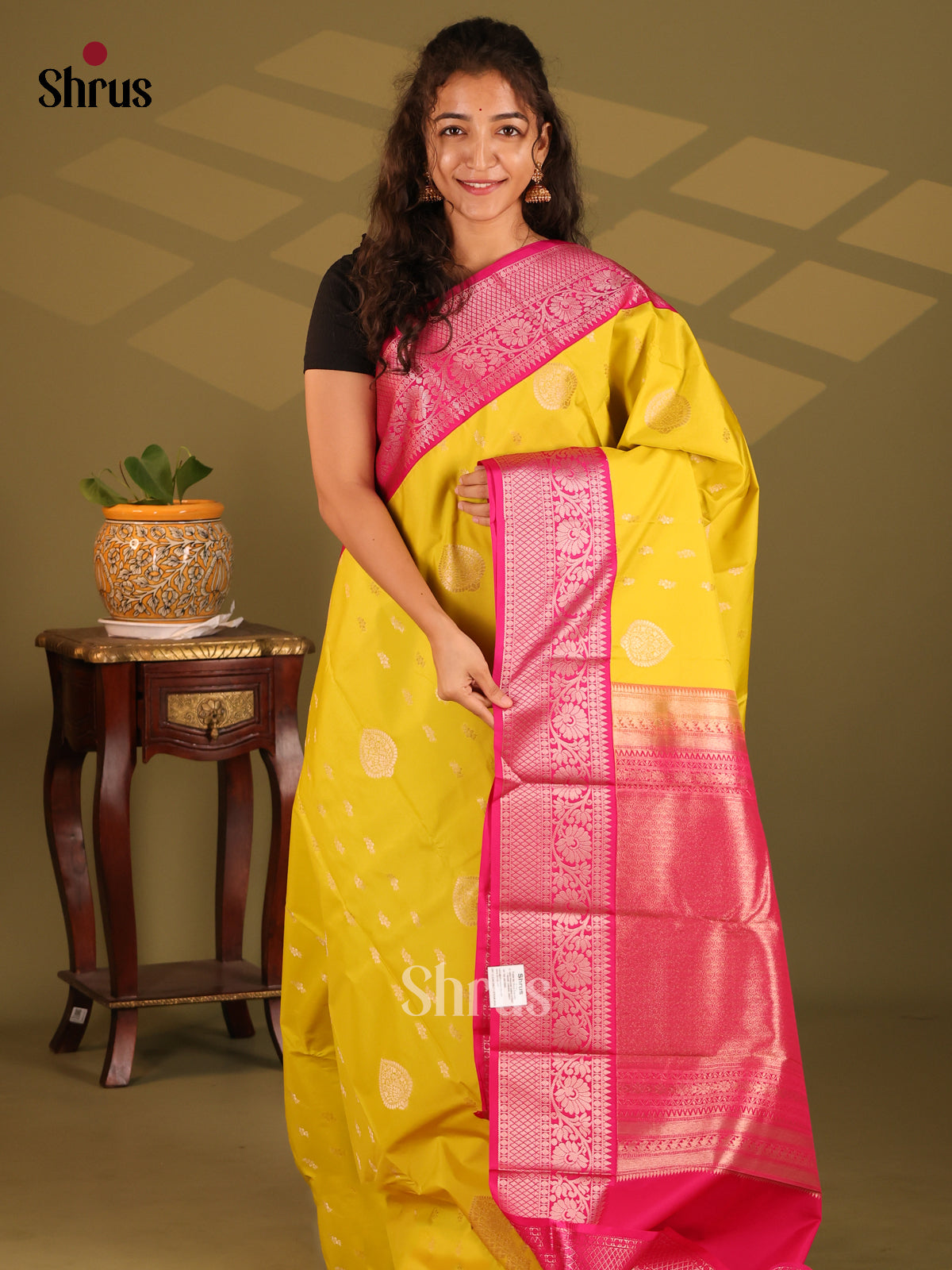 Mustard with Red - Semi Kanchipuram Saree - Shop on Shrus.com