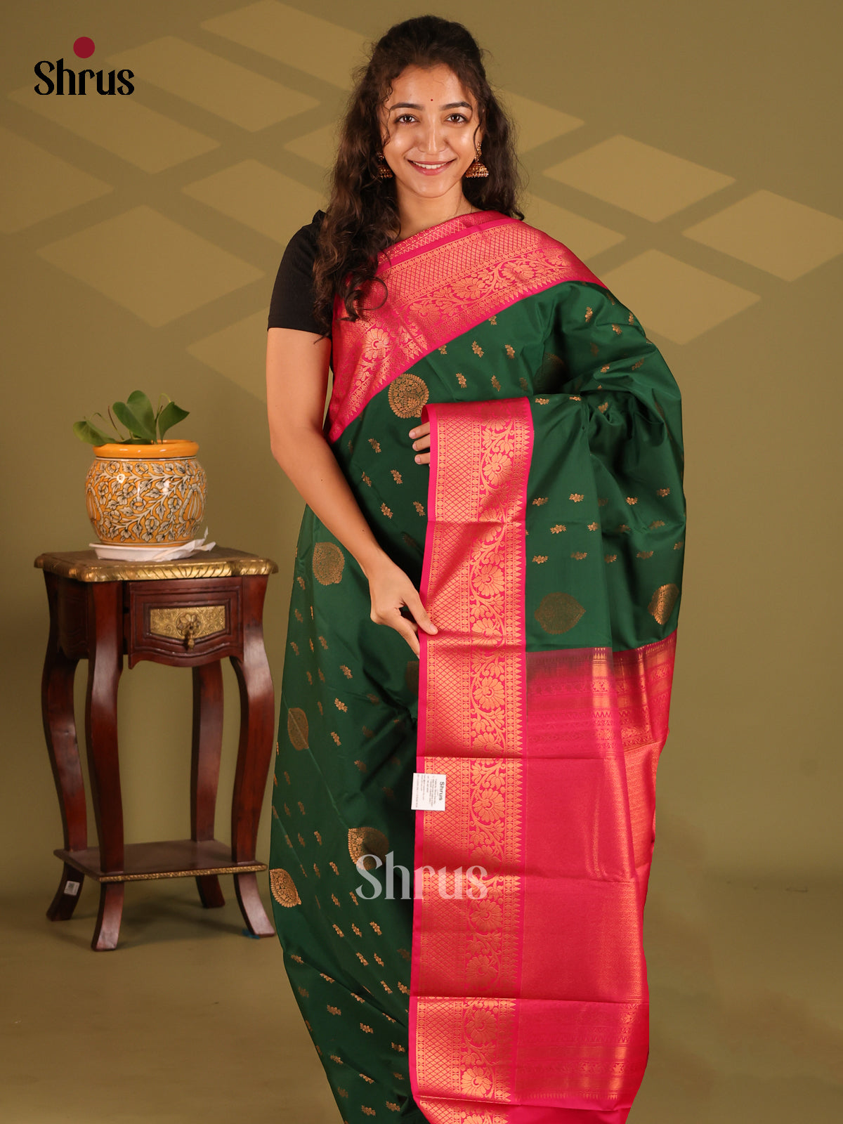 Bottle Green with Pink- Semi Kanchipuram Saree - Shop on Shrus.com