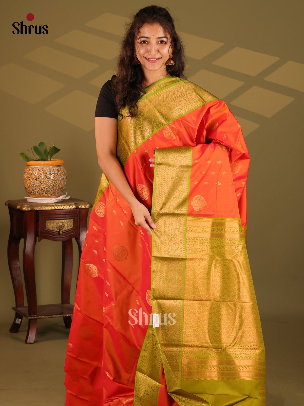 Orange with Green- Semi Kanchipuram Saree - Shop on Shrus.com