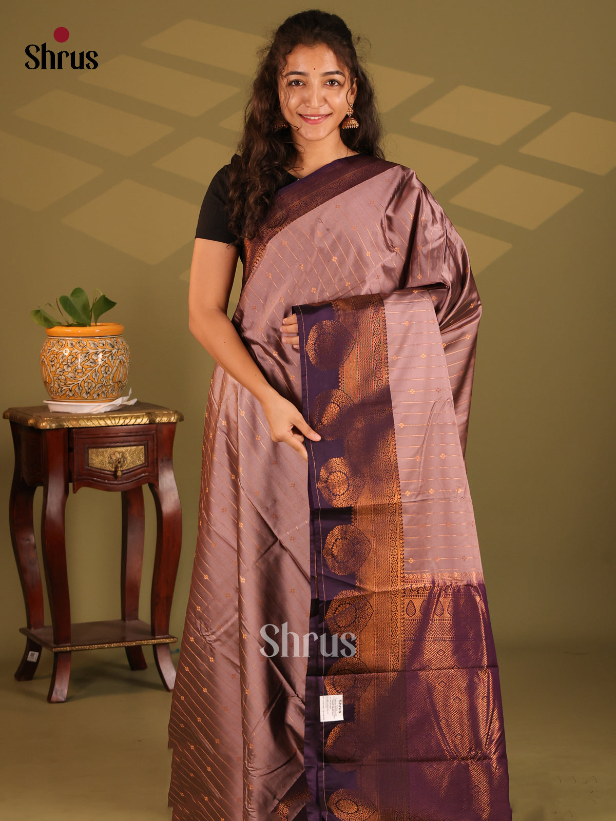 Dusty Brown with Violet- Semi Kanchipuram Saree - Shop on Shrus.com