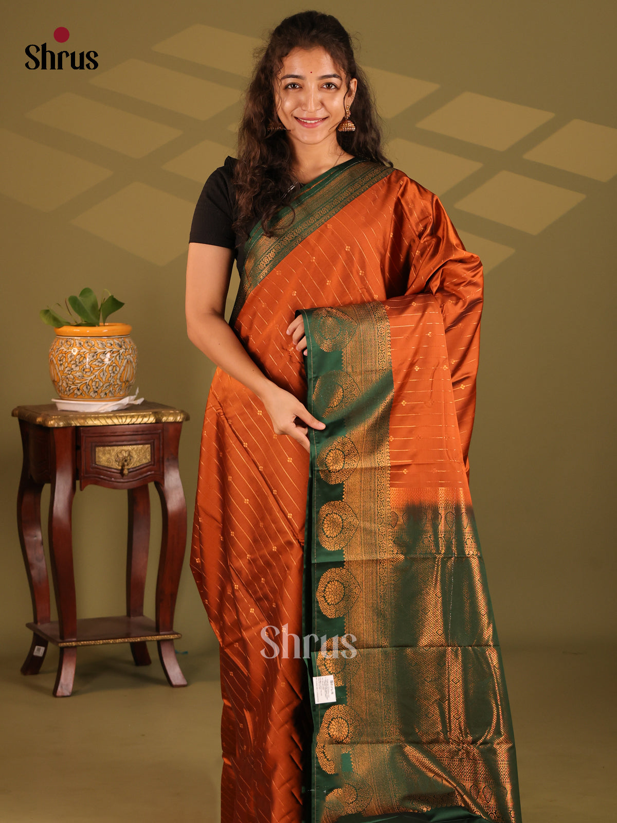 Brick Orange with Green - Semi Kanchipuram Saree - Shop on Shrus.com