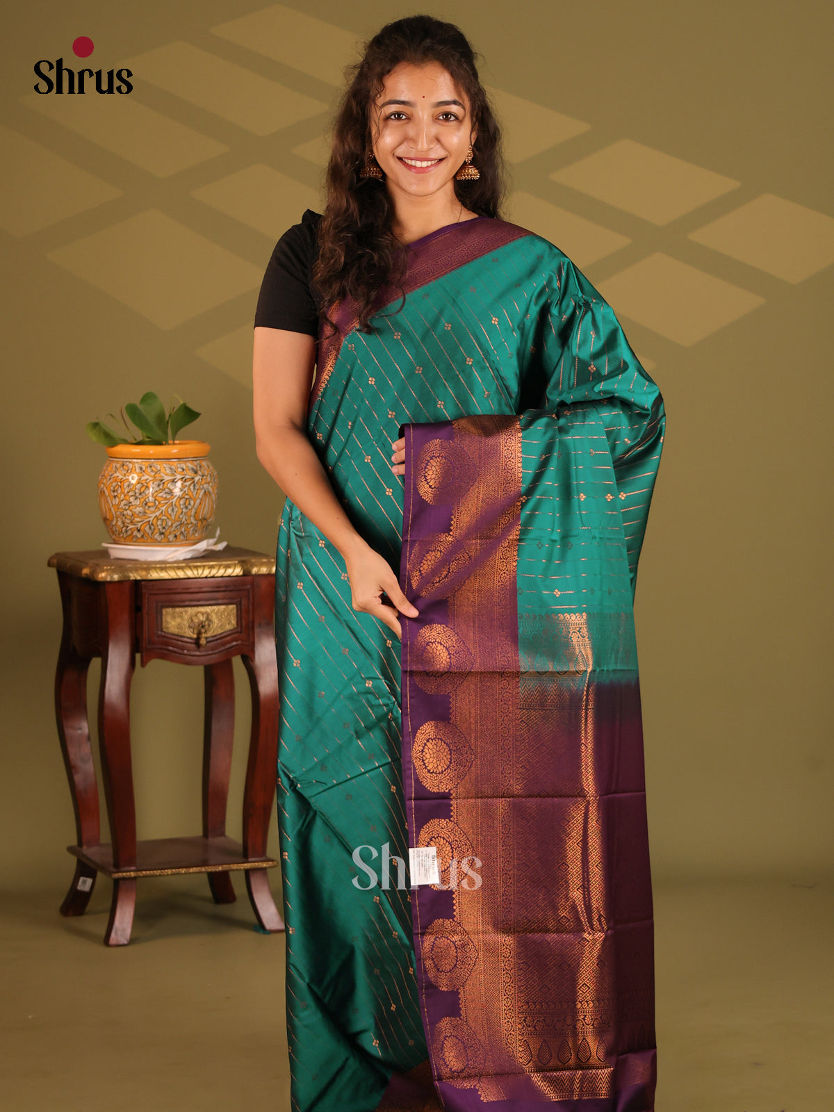 Green with Violet- Semi Kanchipuram Saree - Shop on Shrus.com