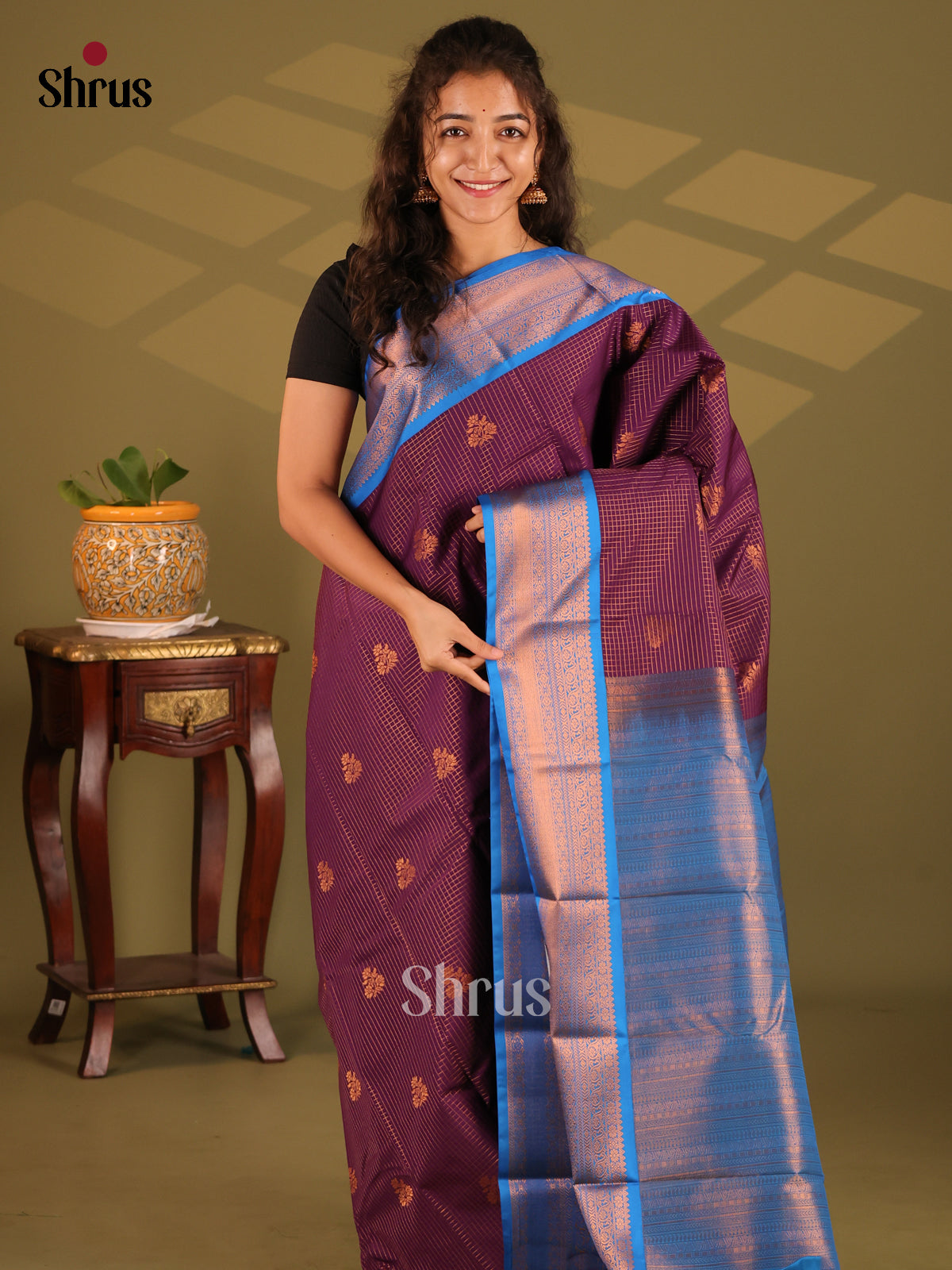 Jamun with Blue - Semi Kanchipuram Saree - Shop on Shrus.com