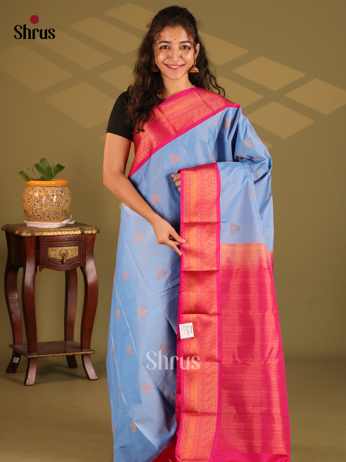 Blue with Pink - Semi Kanchipuram Saree - Shop on Shrus.com