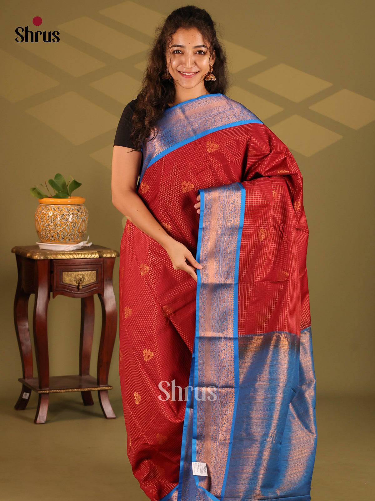 Red with Blue- Semi Kanchipuram Saree - Shop on Shrus.com
