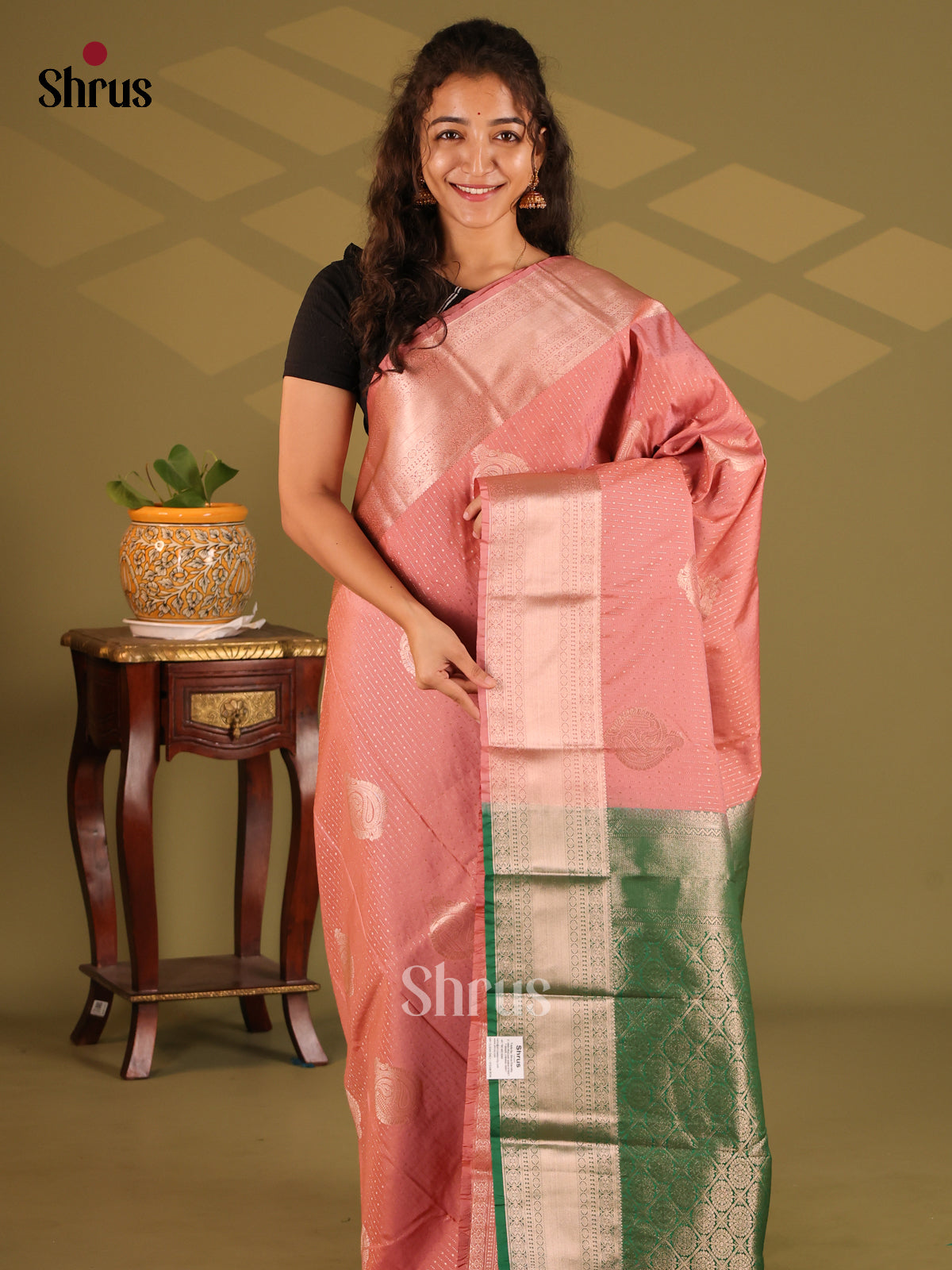 Pink with Green- Semi Kanchipuram Saree - Shop on Shrus.com