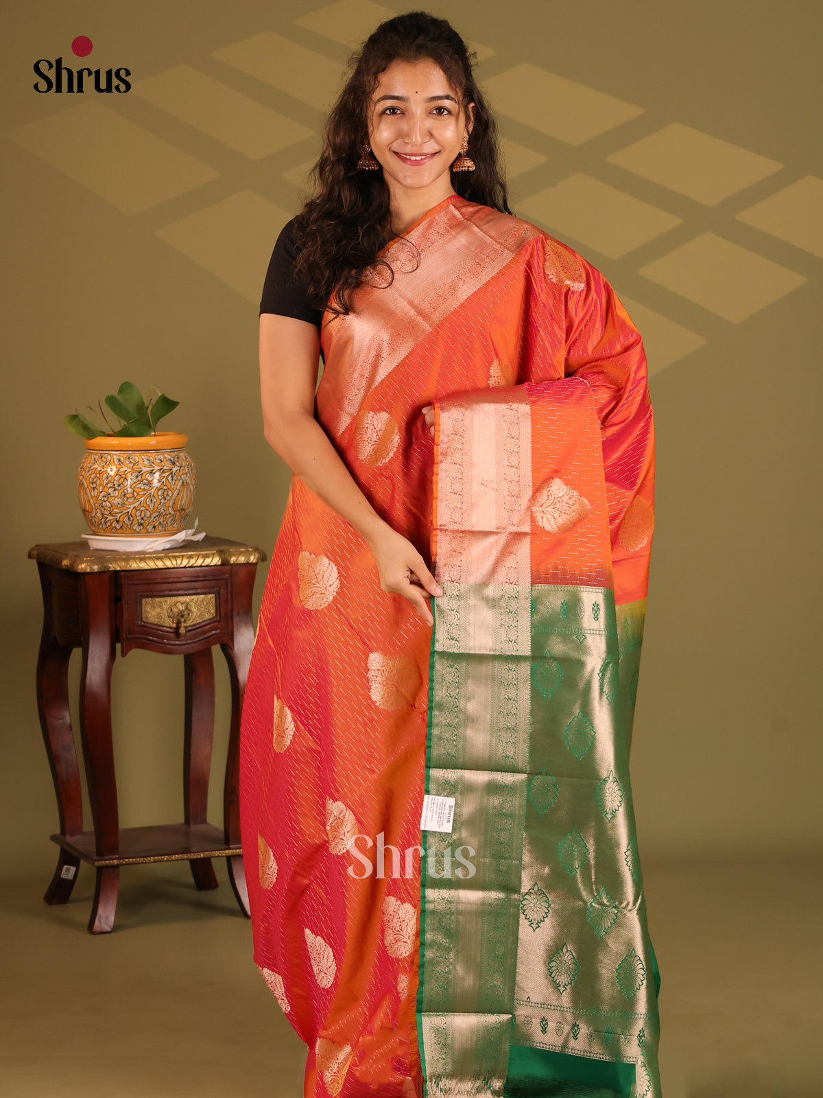 Orange with Green - Semi Kanchipuram Saree - Shop on Shrus.com