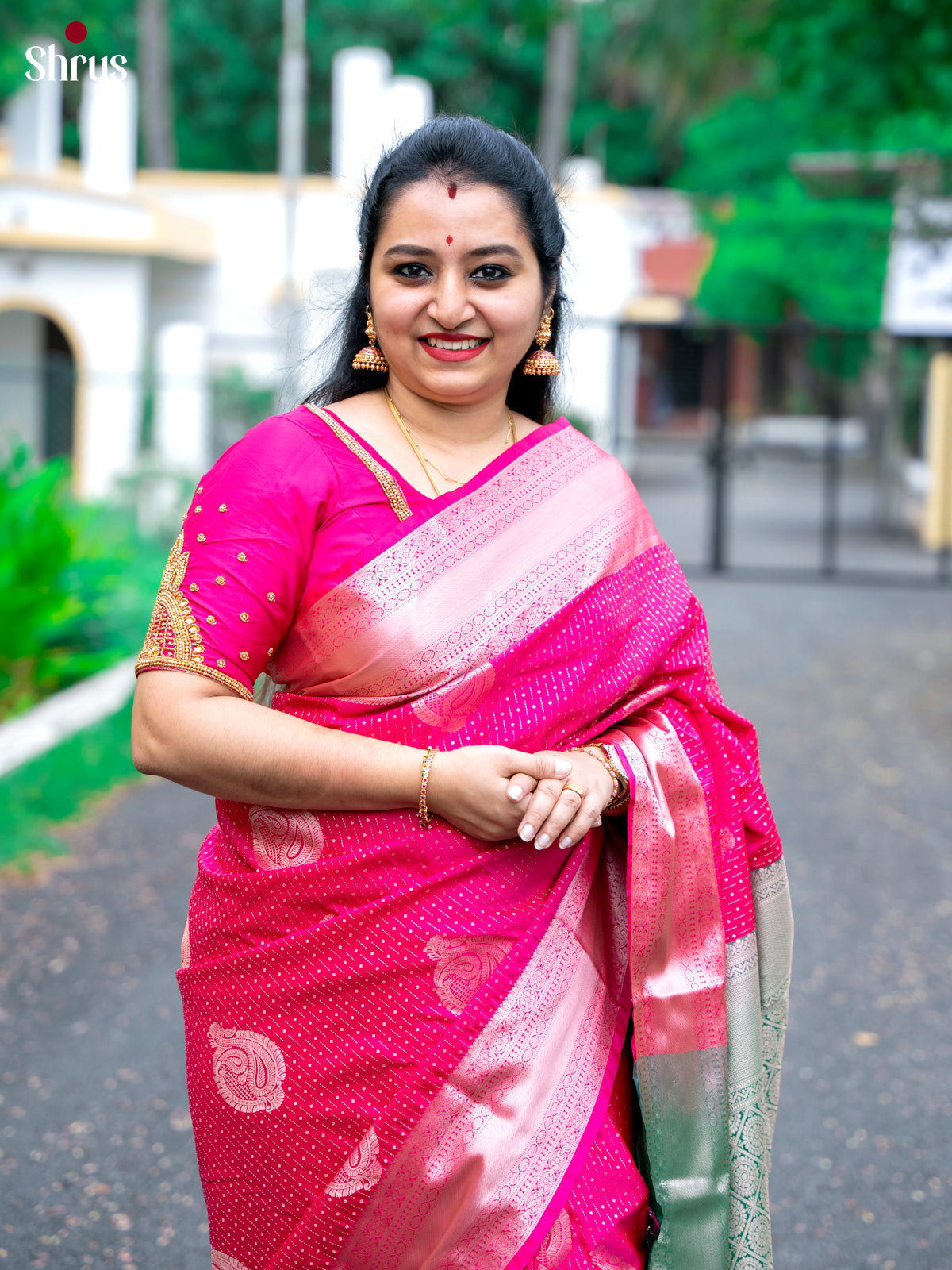 Pink with Green- Semi Kanchipuram Saree - Shop on Shrus.com