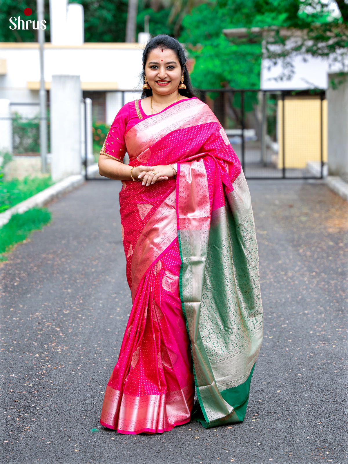 Pink with Green- Semi Kanchipuram Saree - Shop on Shrus.com