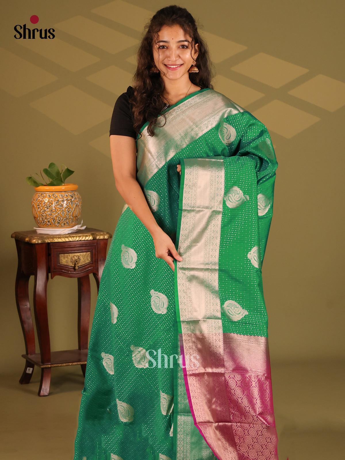 Green with Majenta - Semi Kanchipuram Saree - Shop on Shrus.com