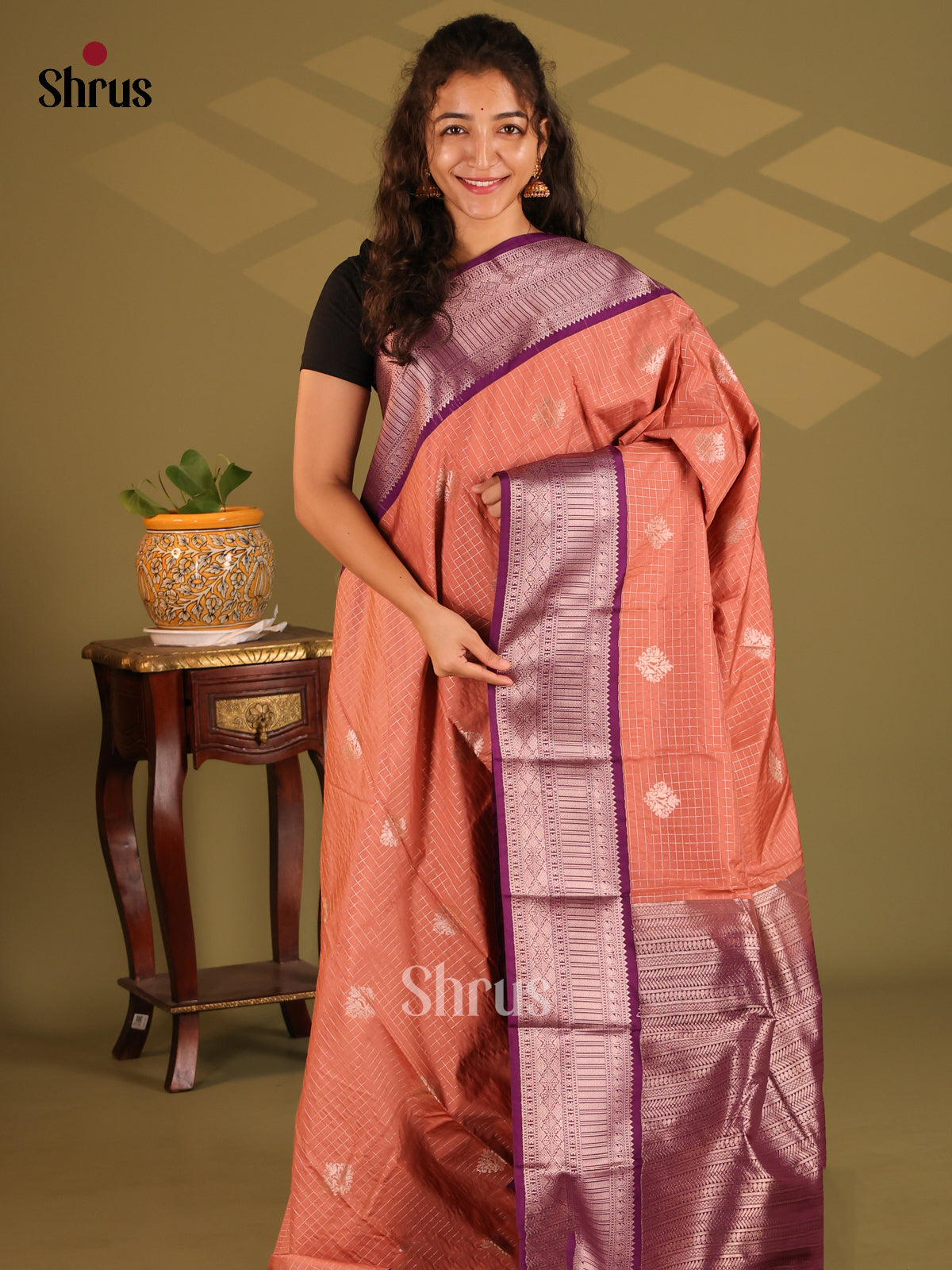Brown with Violet- Semi Kanchipuram Saree - Shop on Shrus.com
