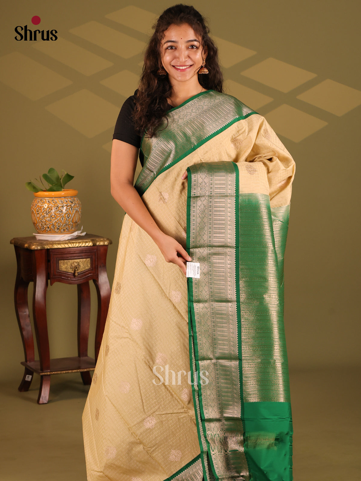 Cream with Green- Semi Kanchipuram Saree - Shop on Shrus.com