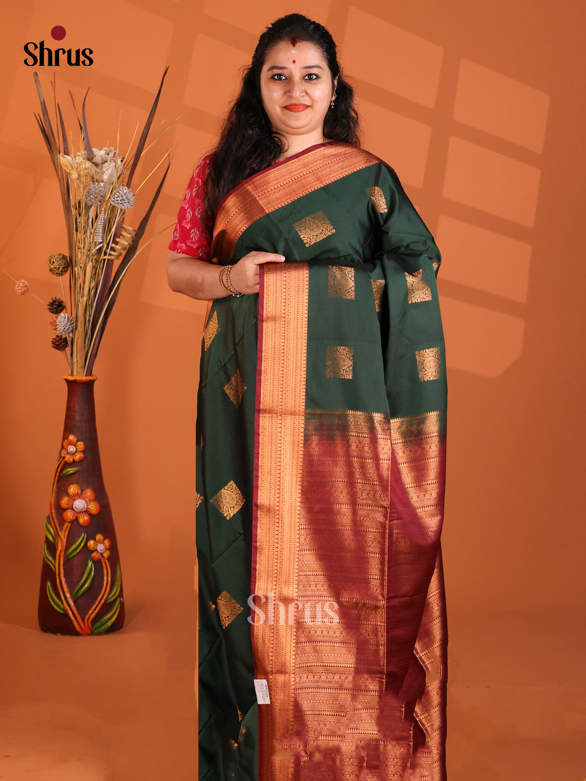 Green  & Maroon - Korvai Semi Kanchipuram saree - Shop on Shrus.com