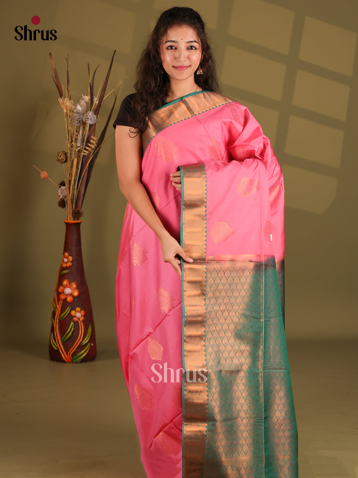 Pink & Green- Semi Softsilk Saree - Shop on Shrus.com