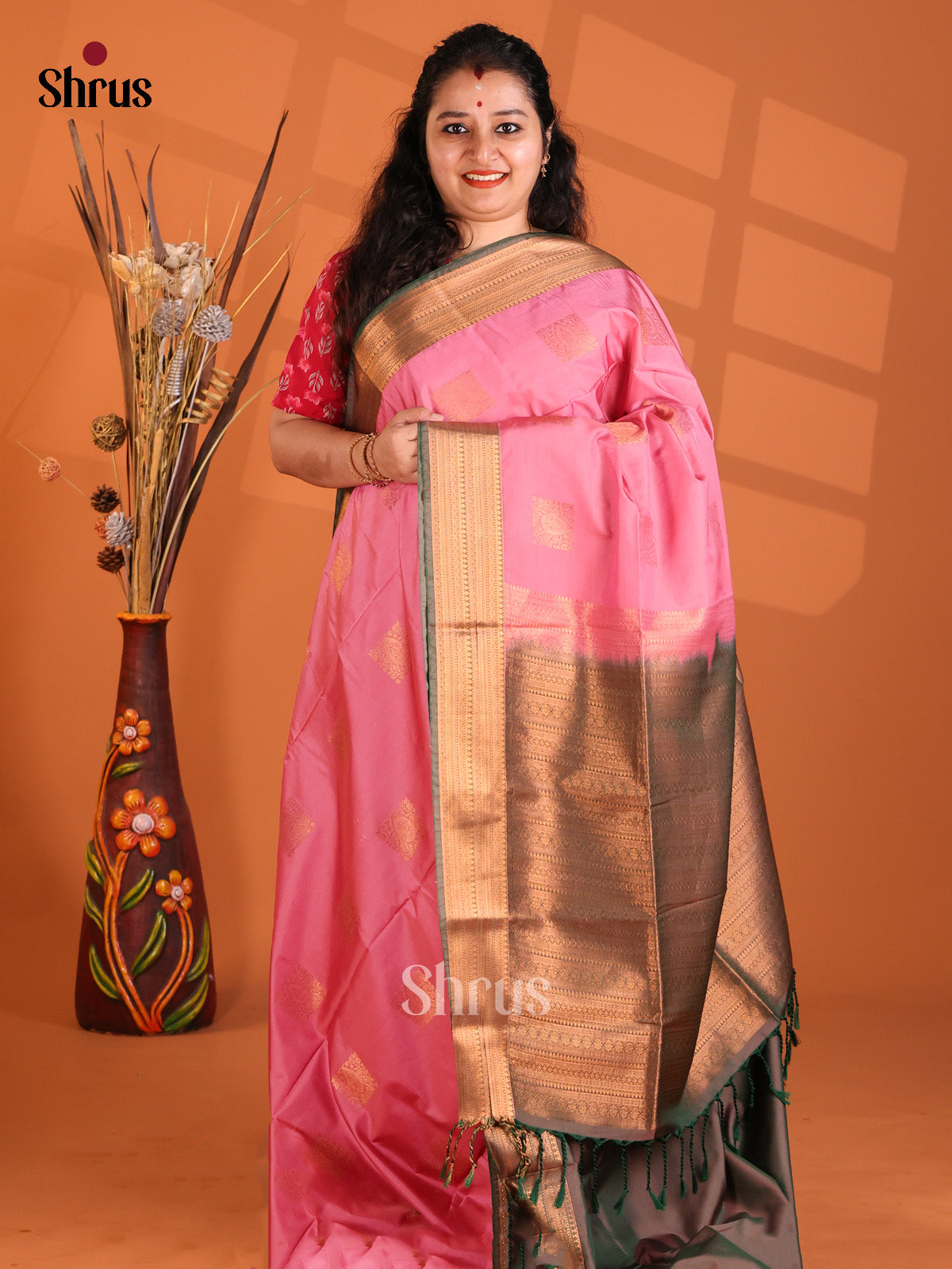Pink & Double Shaded Green- Korvai Semi Kanchipuram saree - Shop on Shrus.com
