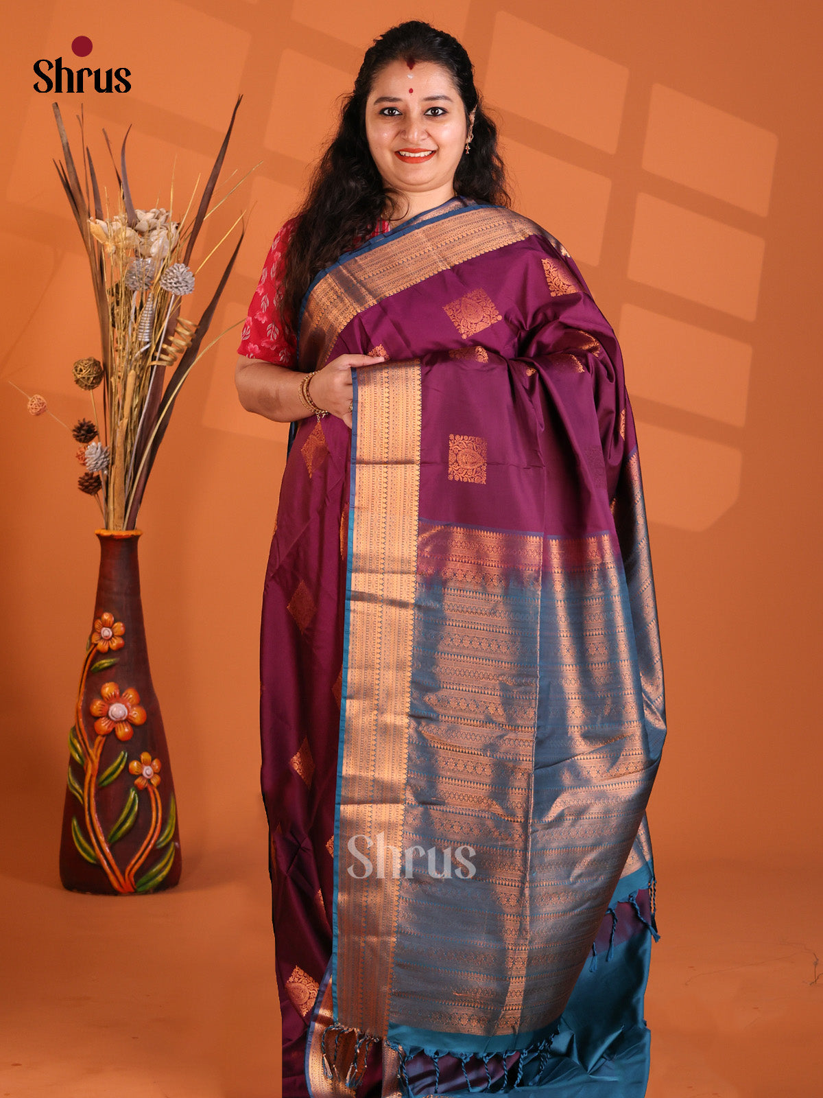 Purple & Blue- Semi Kanchipuram Saree - Shop on Shrus.com