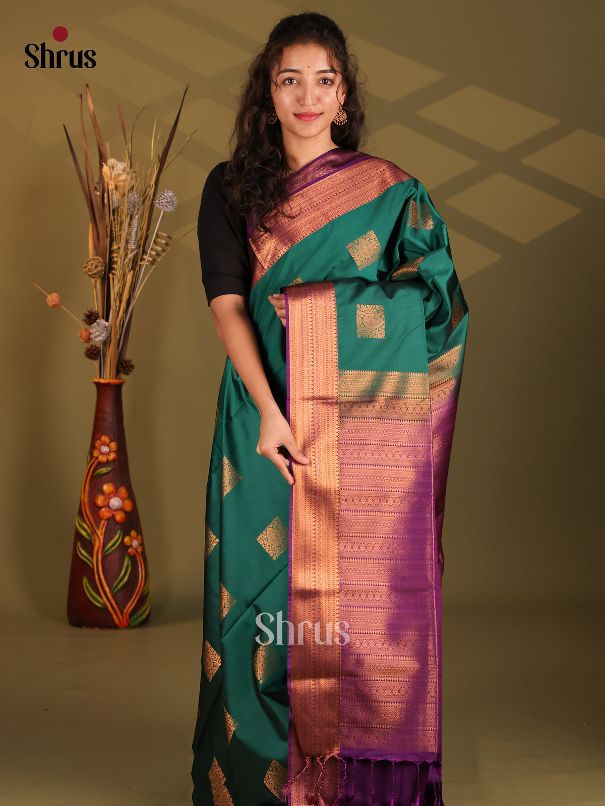 Green & Violet - Semi Kanchipuram Saree - Shop on Shrus.com