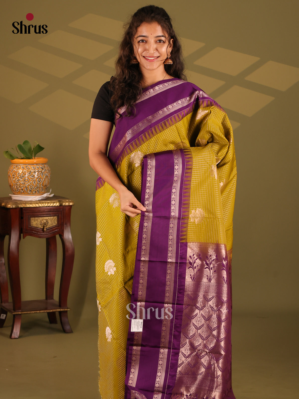 Mehandi Green & Violet - Semi Kanchipuram Saree - Shop on Shrus.com