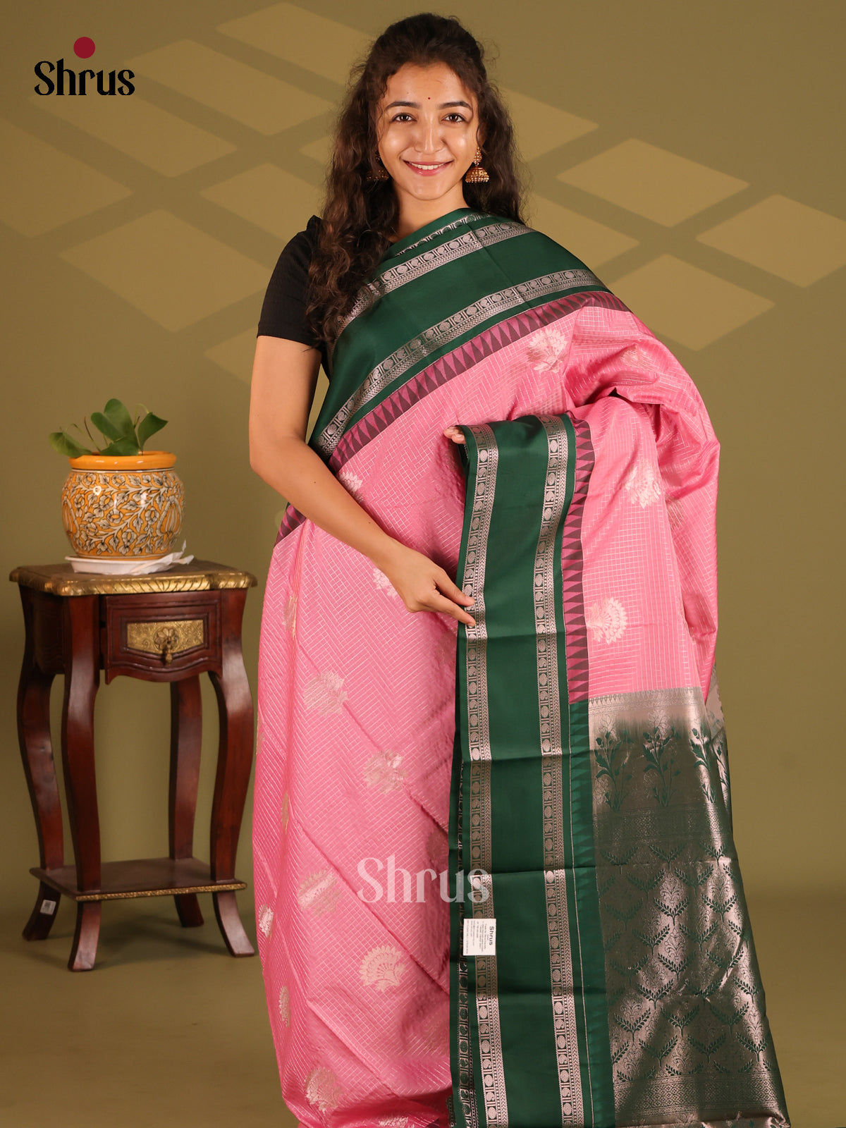 Pink with Green- Semi Kanchipuram Saree - Shop on Shrus.com