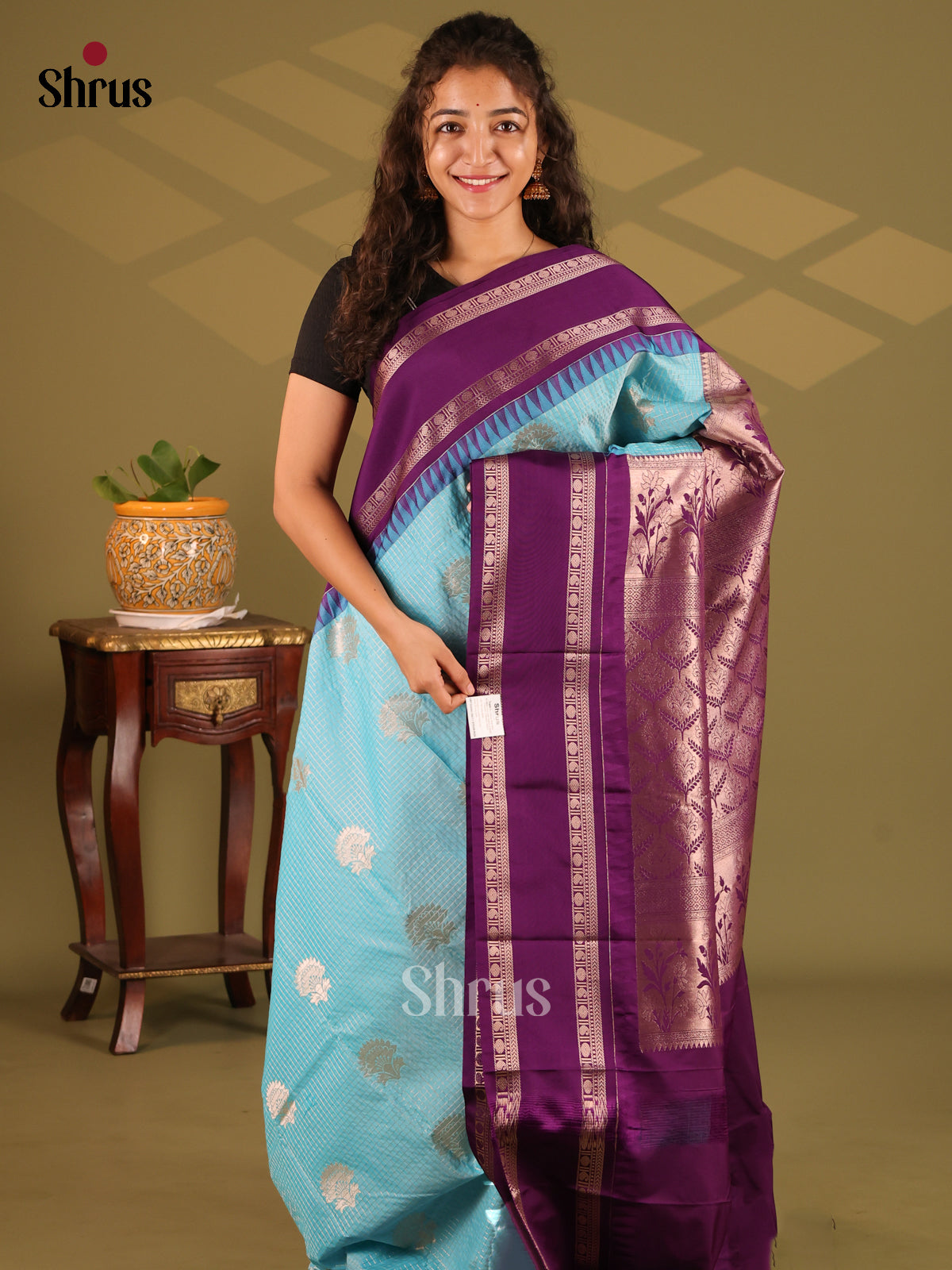 Blue with Vadamalli- Semi Kanchipuram Saree - Shop on Shrus.com