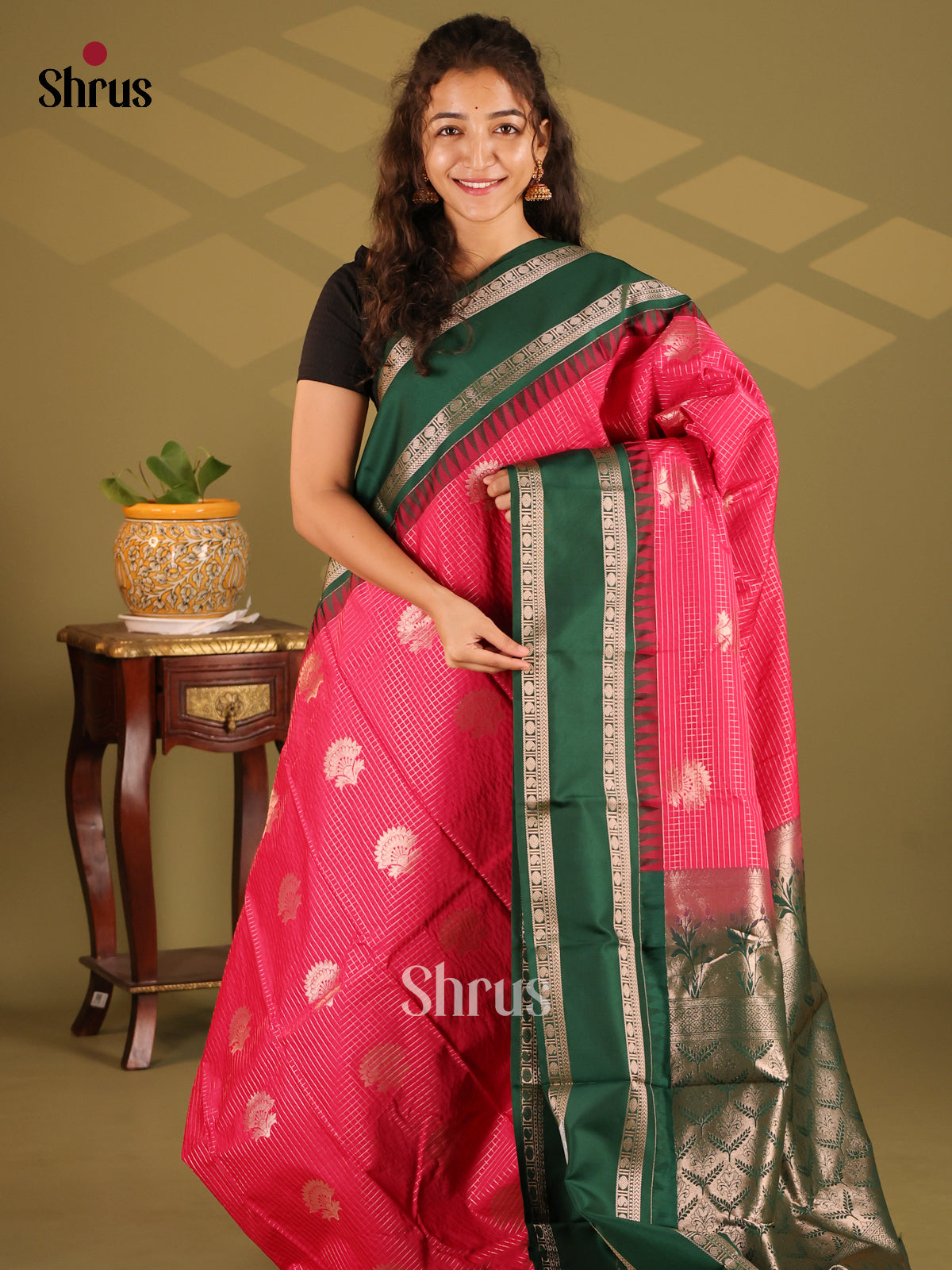 Pink with Green- Semi Kanchipuram Saree - Shop on Shrus.com