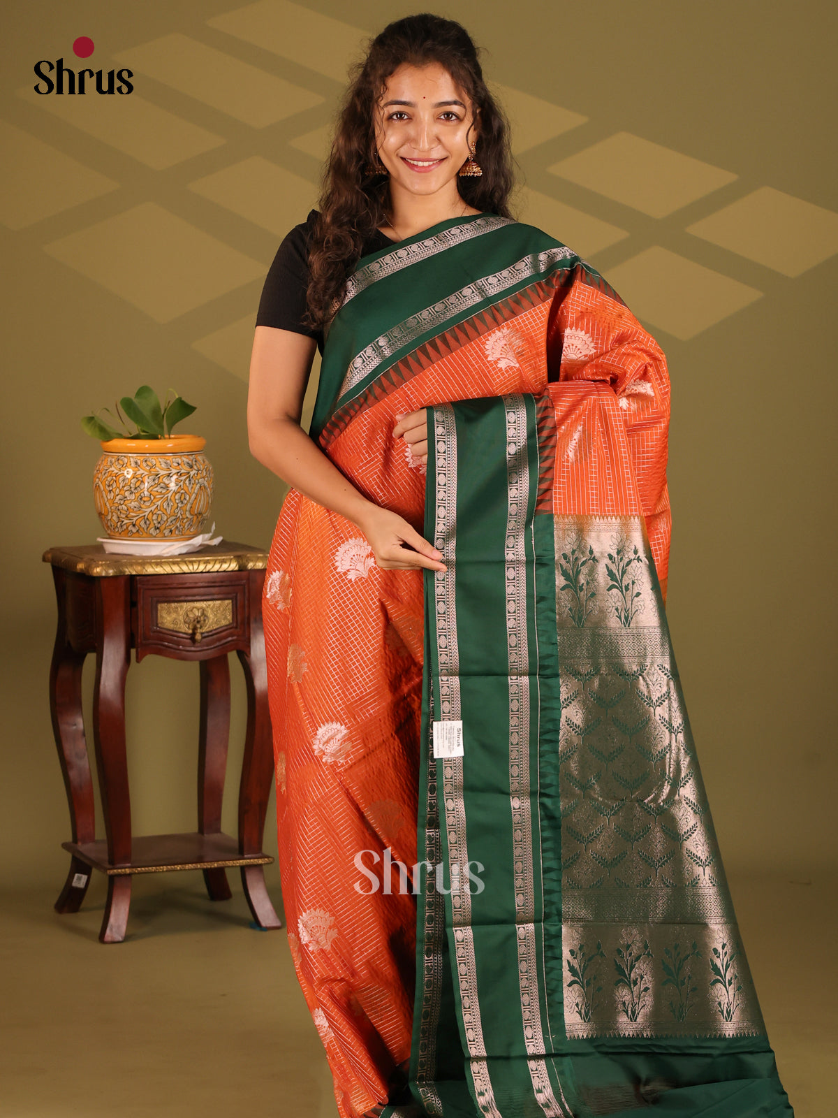 Orange with Green- Semi Kanchipuram Saree - Shop on Shrus.com