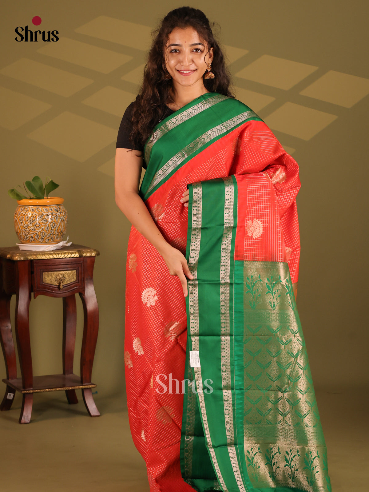 Red with Green - Semi Kanchipuram Saree - Shop on Shrus.com