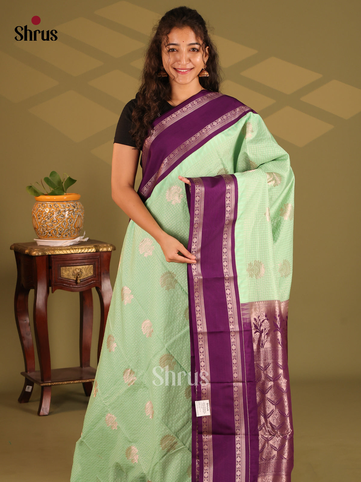 Pista Green with Violet- Semi Kanchipuram Saree - Shop on Shrus.com