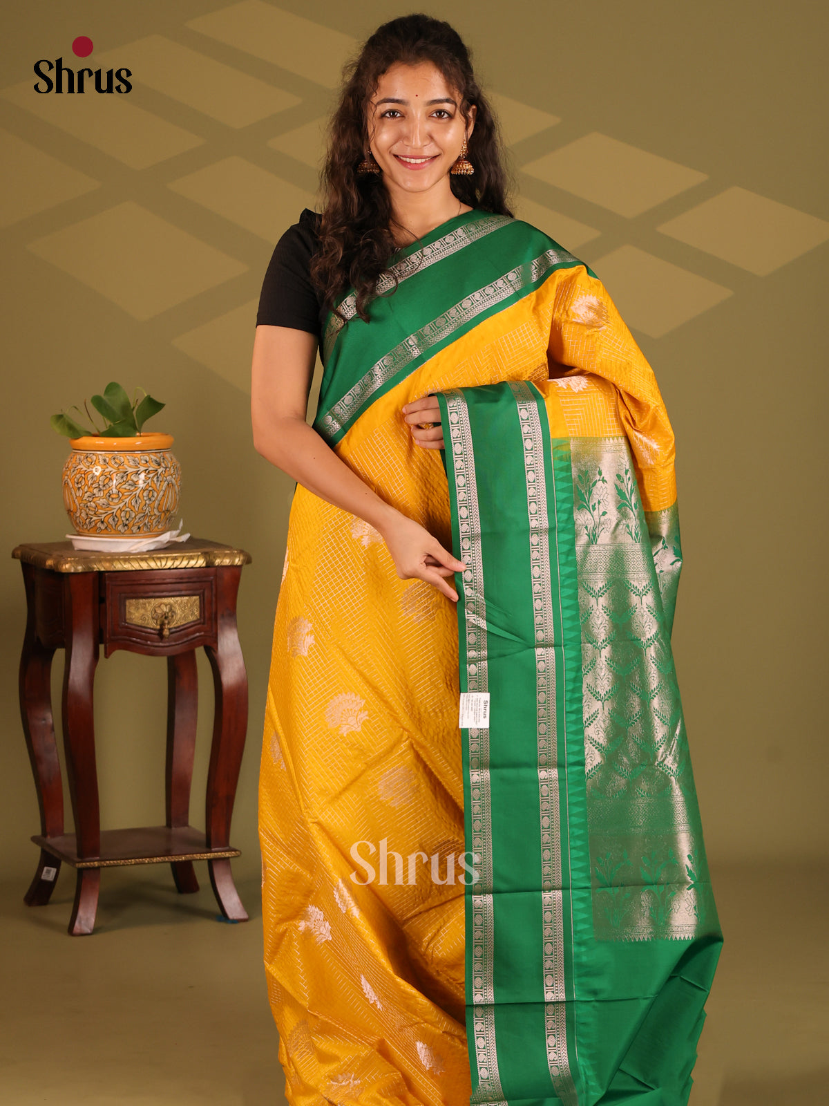 Yellow with Green- Semi Kanchipuram Saree - Shop on Shrus.com
