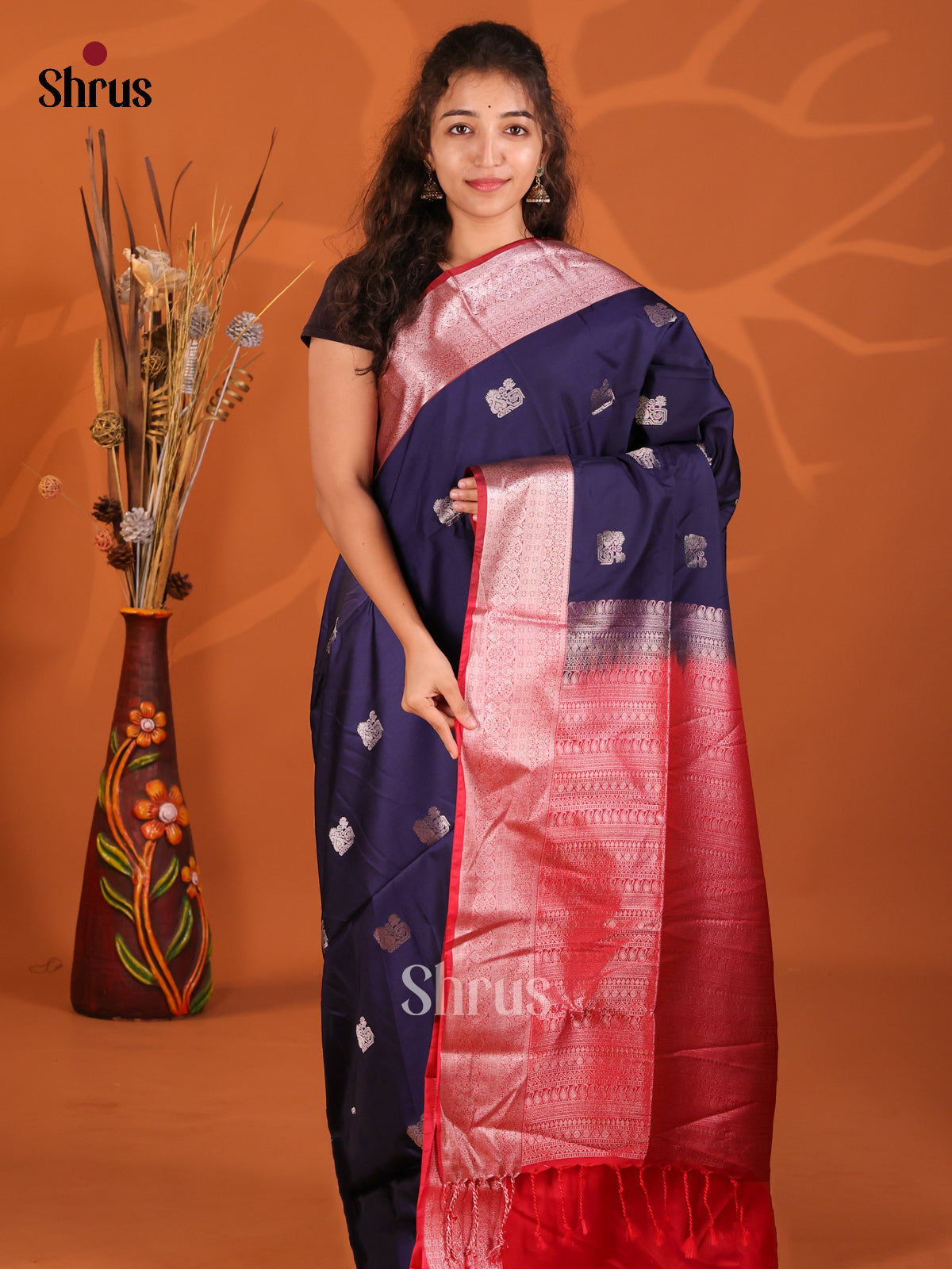 Blue & Red - Semi Softsilk Saree - Shop on Shrus.com