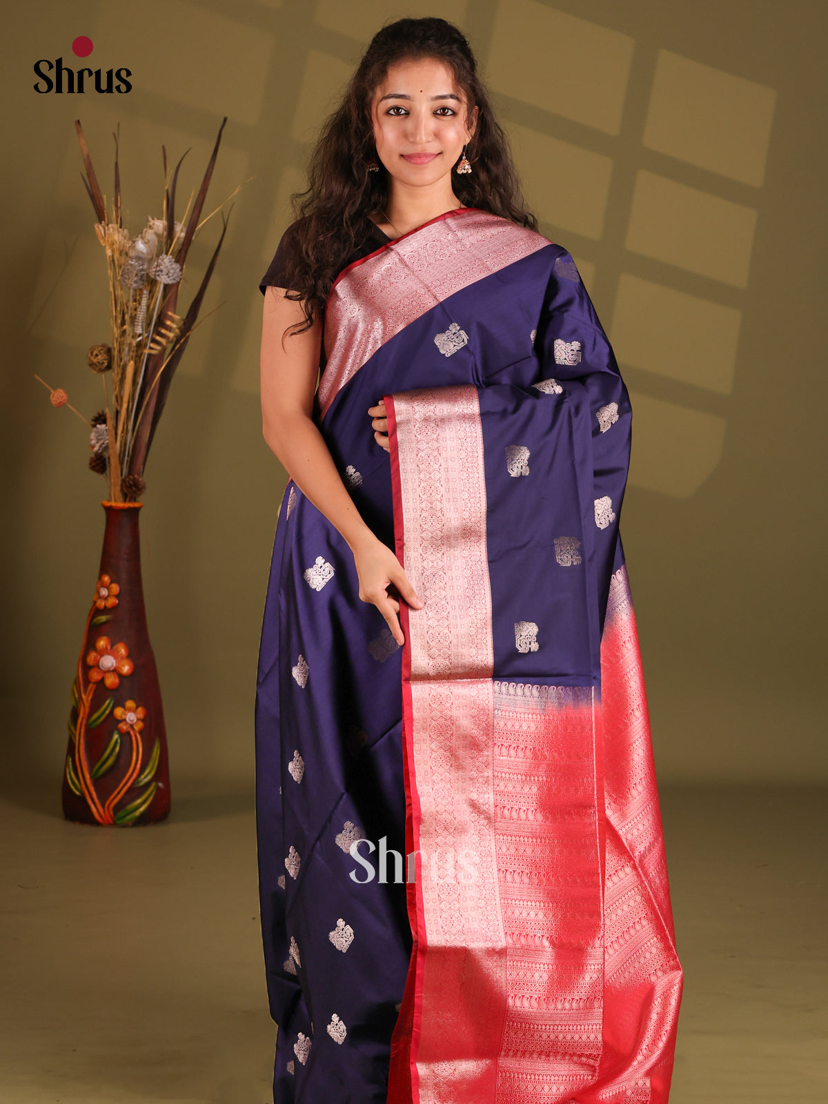 Blue & Red- Semi Softsilk Saree - Shop on Shrus.com