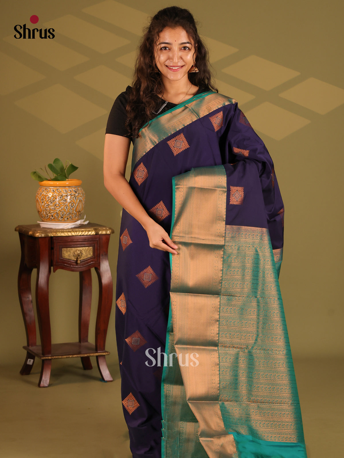 Blue with Teal- Semi Kanchipuram Saree - Shop on Shrus.com