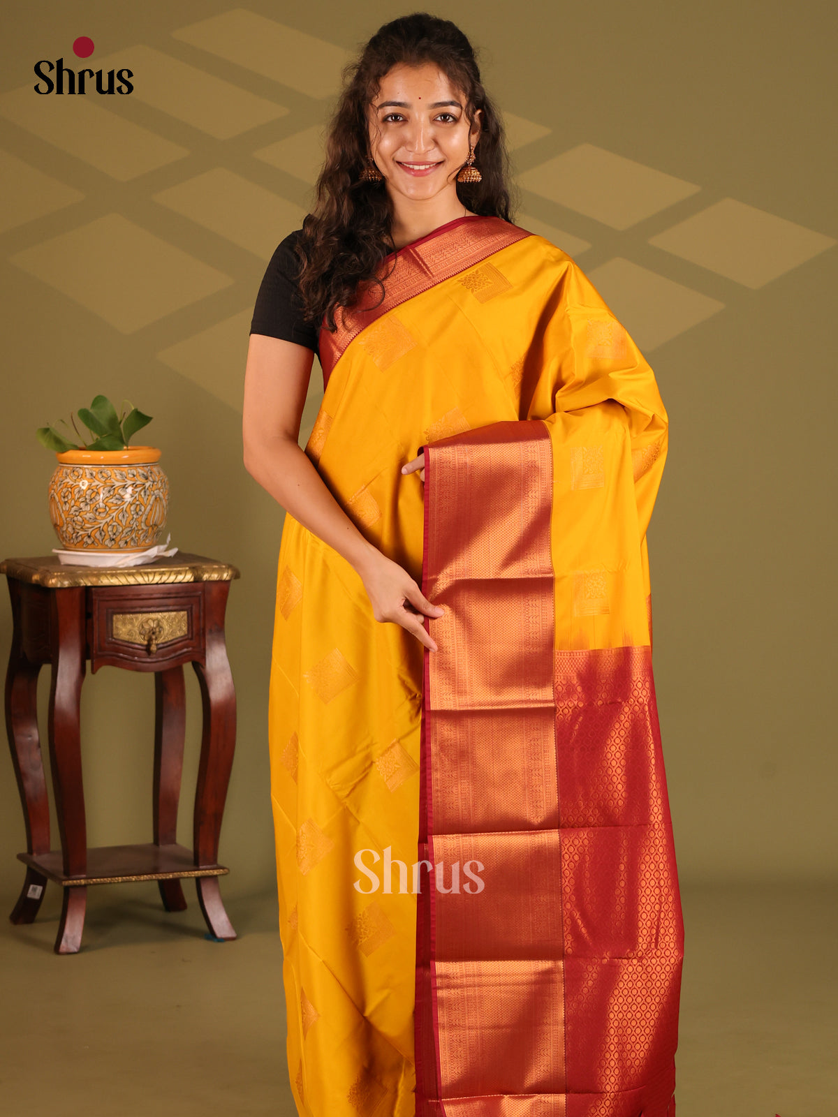 Yellow with Maroon- Semi Kanchipuram Saree - Shop on Shrus.com