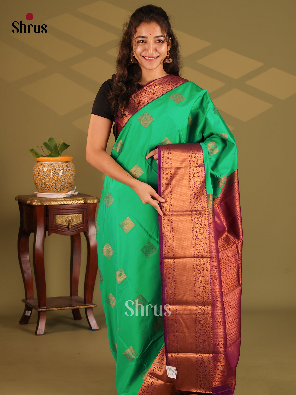 Green with Violet - Semi Kanchipuram Saree - Shop on Shrus.com