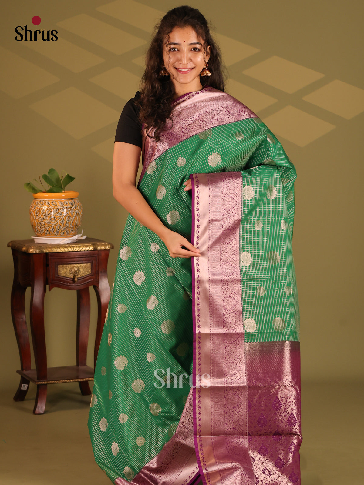 Green with Violet - Semi Kanchipuram Saree - Shop on Shrus.com