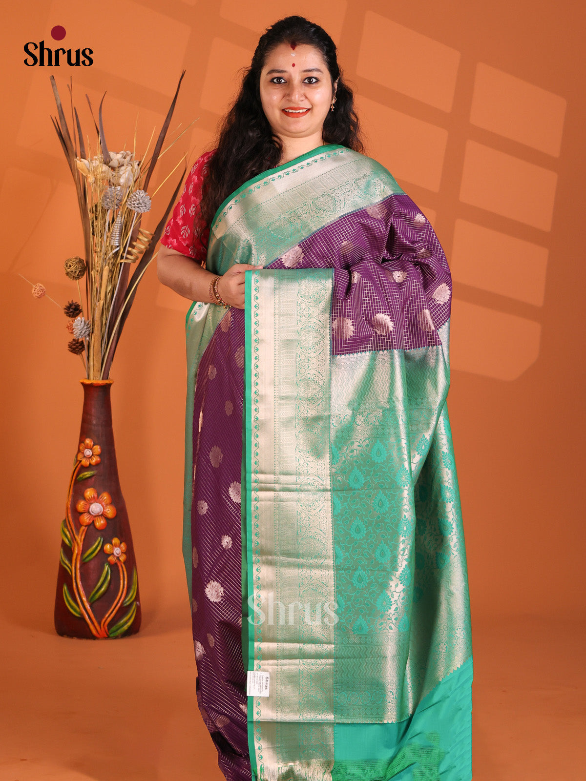 Violet with Green- Semi Kanchipuram Saree - Shop on Shrus.com