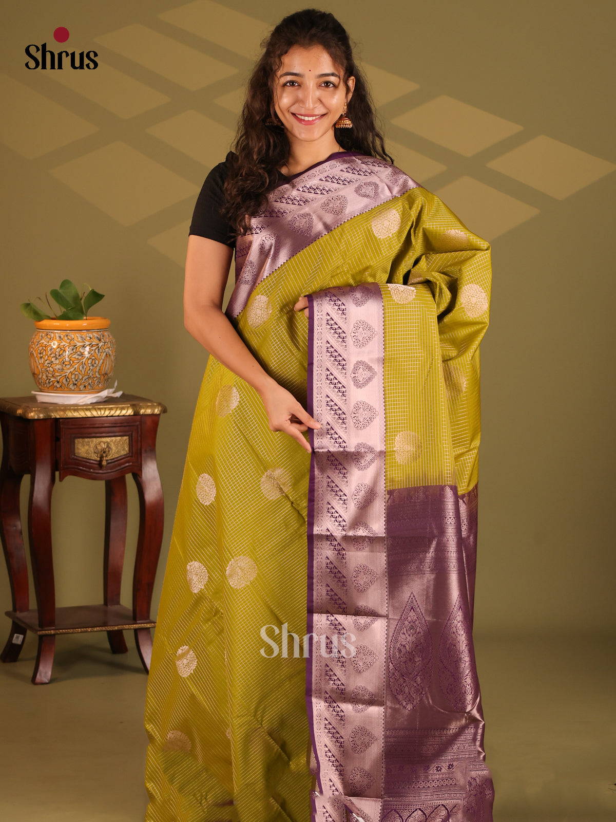 Green with Violet - Semi Kanchipuram Saree - Shop on Shrus.com