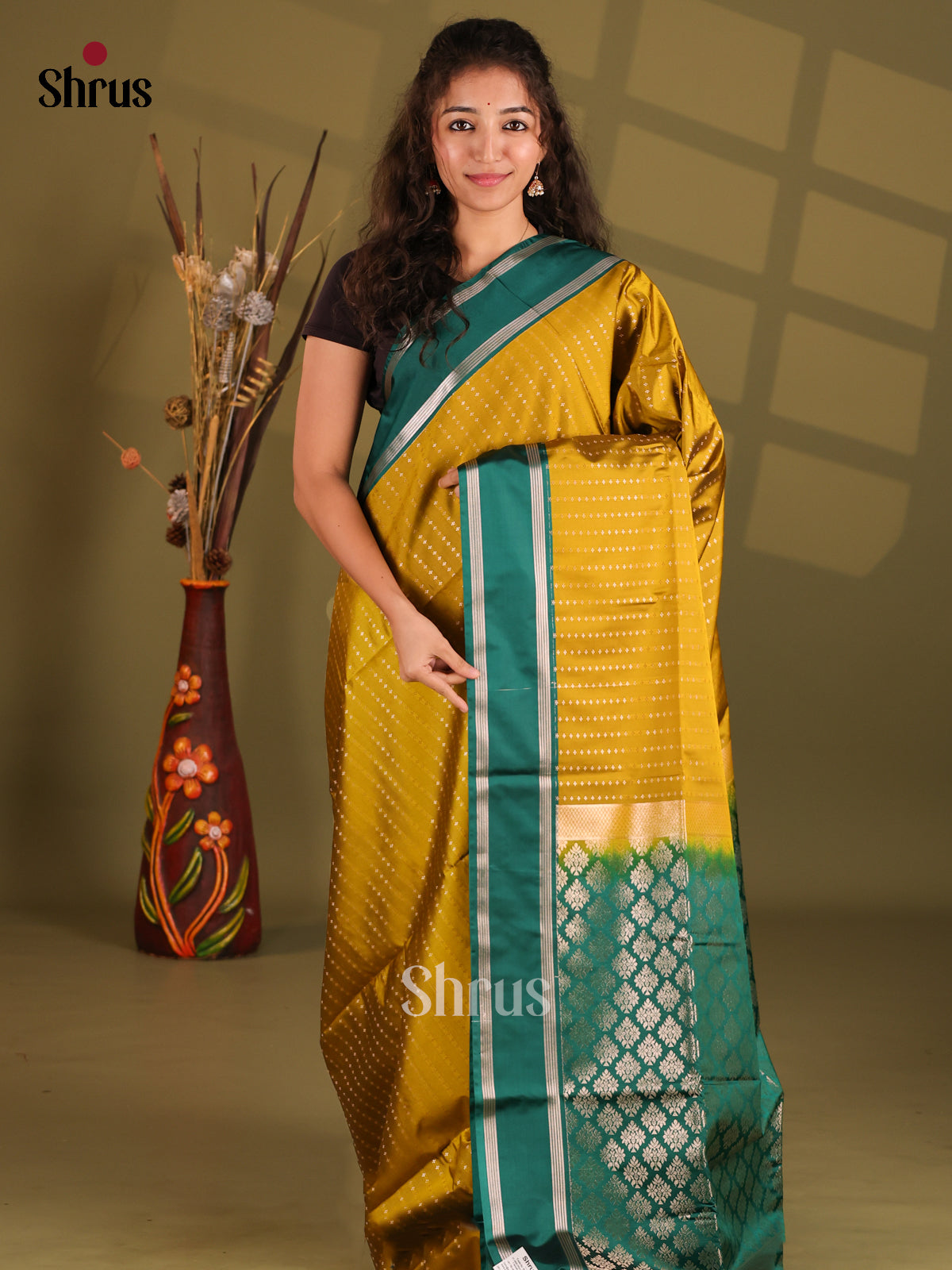 Mustardy Green & Green- Semi Softsilk Saree - Shop on Shrus.com