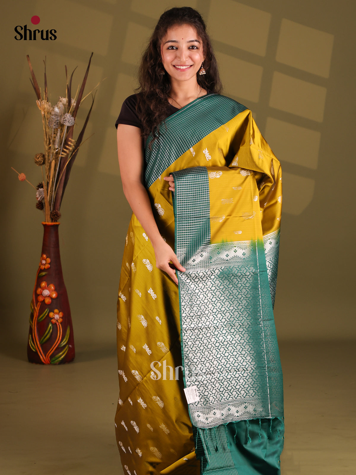 Mustardy Greeen & Green - Semi Softsilk Saree - Shop on Shrus.com