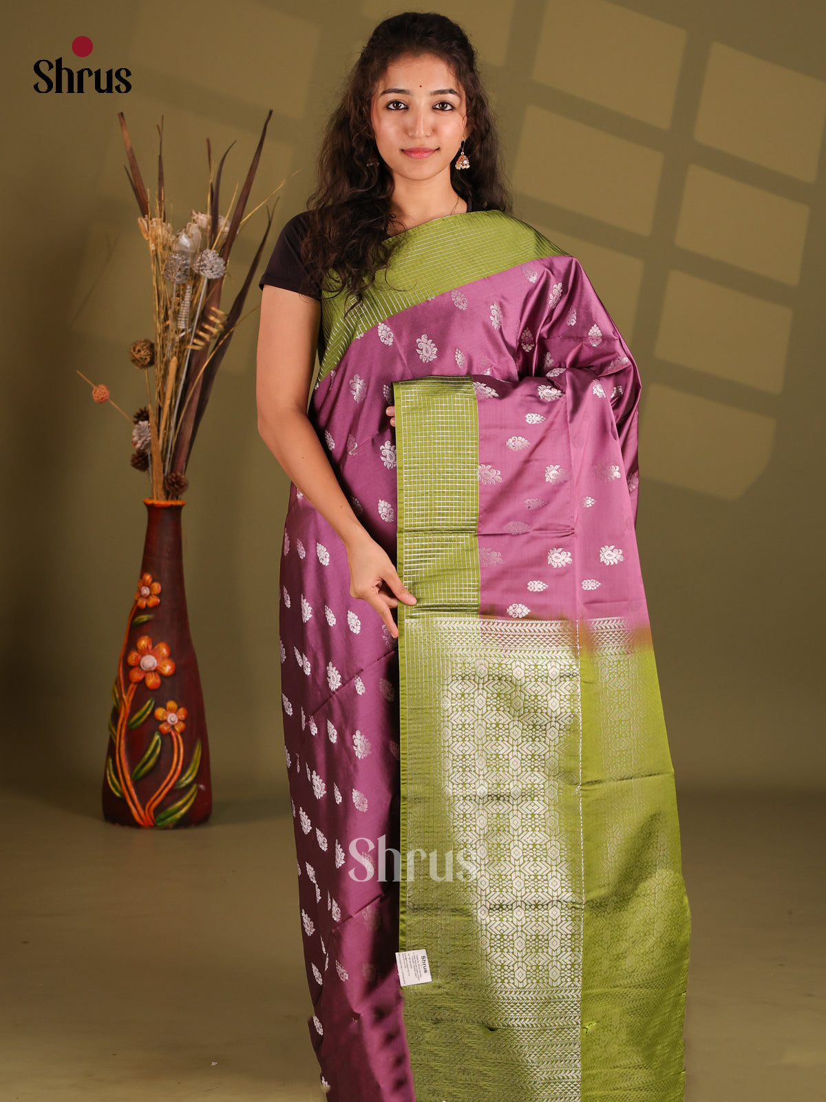 Purple & Green - Semi Softsilk Saree - Shop on Shrus.com