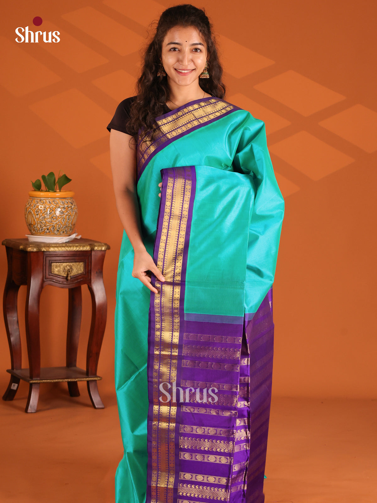 Lustrous Sky Blue Silk Cotton Saree with violet zari  border - Shop on Shrus.com