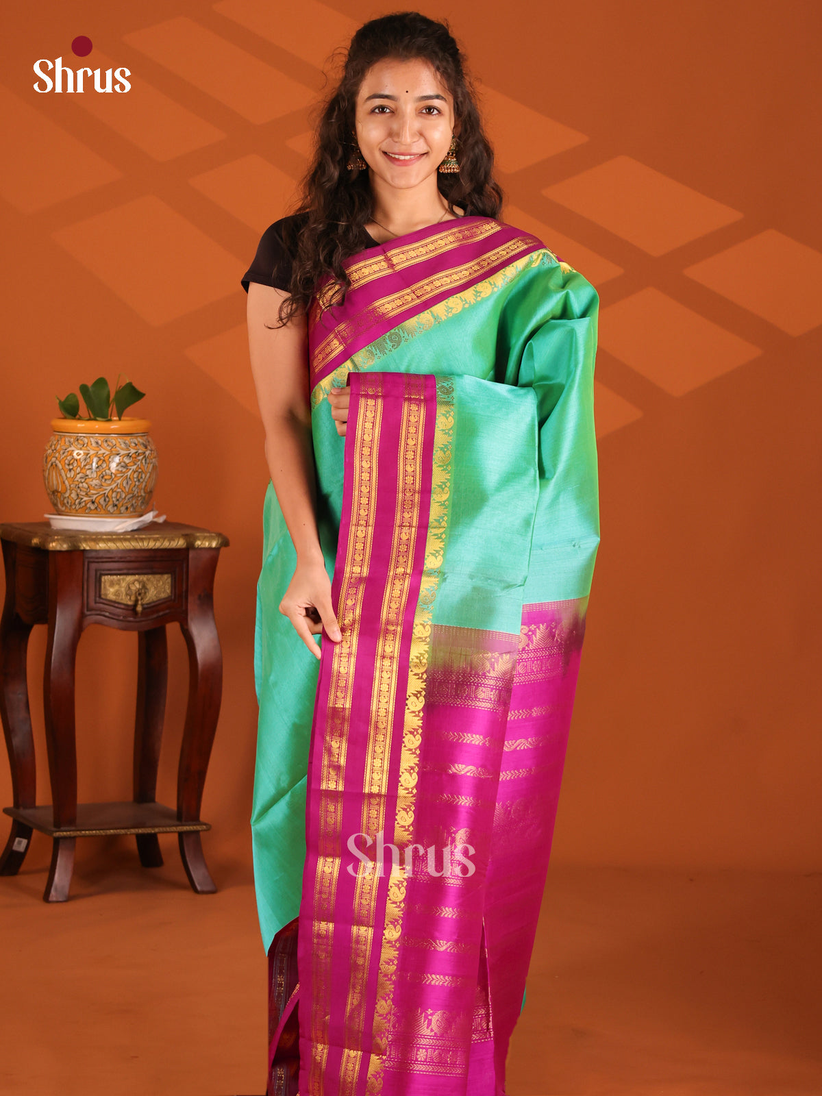 Beautiful Teal Green Silk Cotton Saree with contrast pink  rettaipet zari border - Shop on Shrus.com